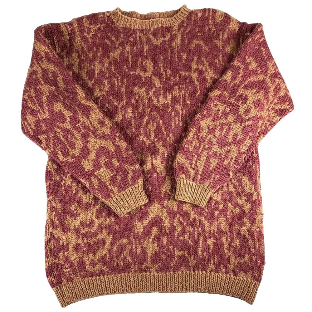 Vintage 100% Wool Abstract Sweater Mens L Burgundy Brown Shoulder Pads Knit